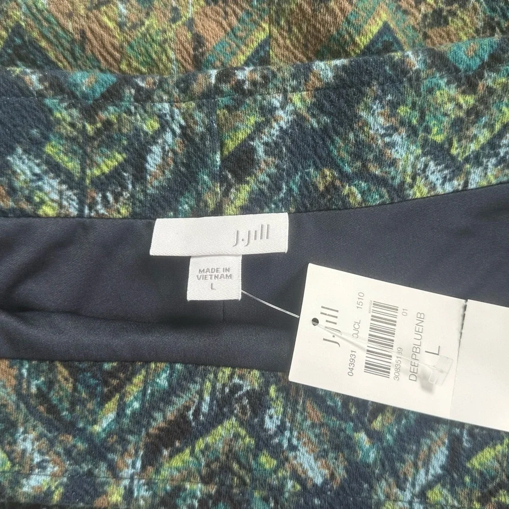 J. Jill NWT Pull On Knit Geometric Blue Green Pencil Skirt Stretchy Lined Sz L